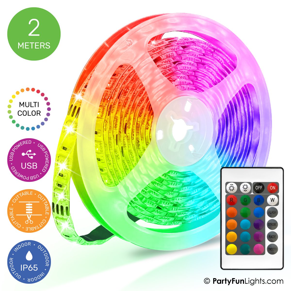 PartyFunLights – Taśma LED – Wielokolorowa RGB – Działa na USB – Kopia o długości 2 metrów
