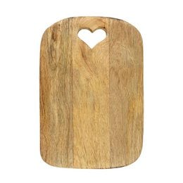 Rectangular mango wood cutting board with heart-shaped cutout, 30cm in size, suitable for food preparation.