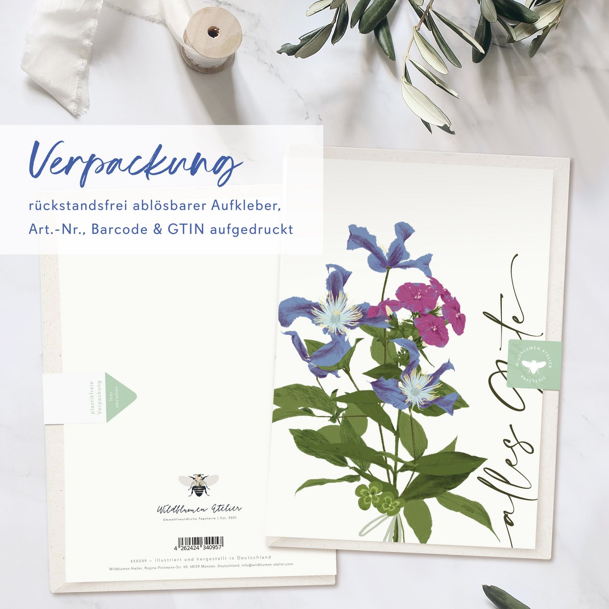 Vouwkaart 'all the best' met paarse bloemen, inclusief envelop