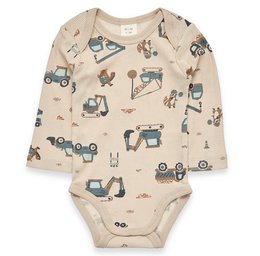 Beige baby romper with a print of various vehicles and transportation icons. The romper has long sleeves and a ribbed texture. It is suitable for babies aged 50/56, 62/68, 74/80, and 86/92 cm.
