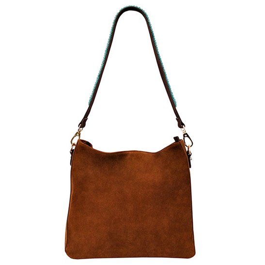 BOHO IBIZA BAG - Tracolla acquamarina (70cm) + Borsa in pelle scamosciata (Cognac)