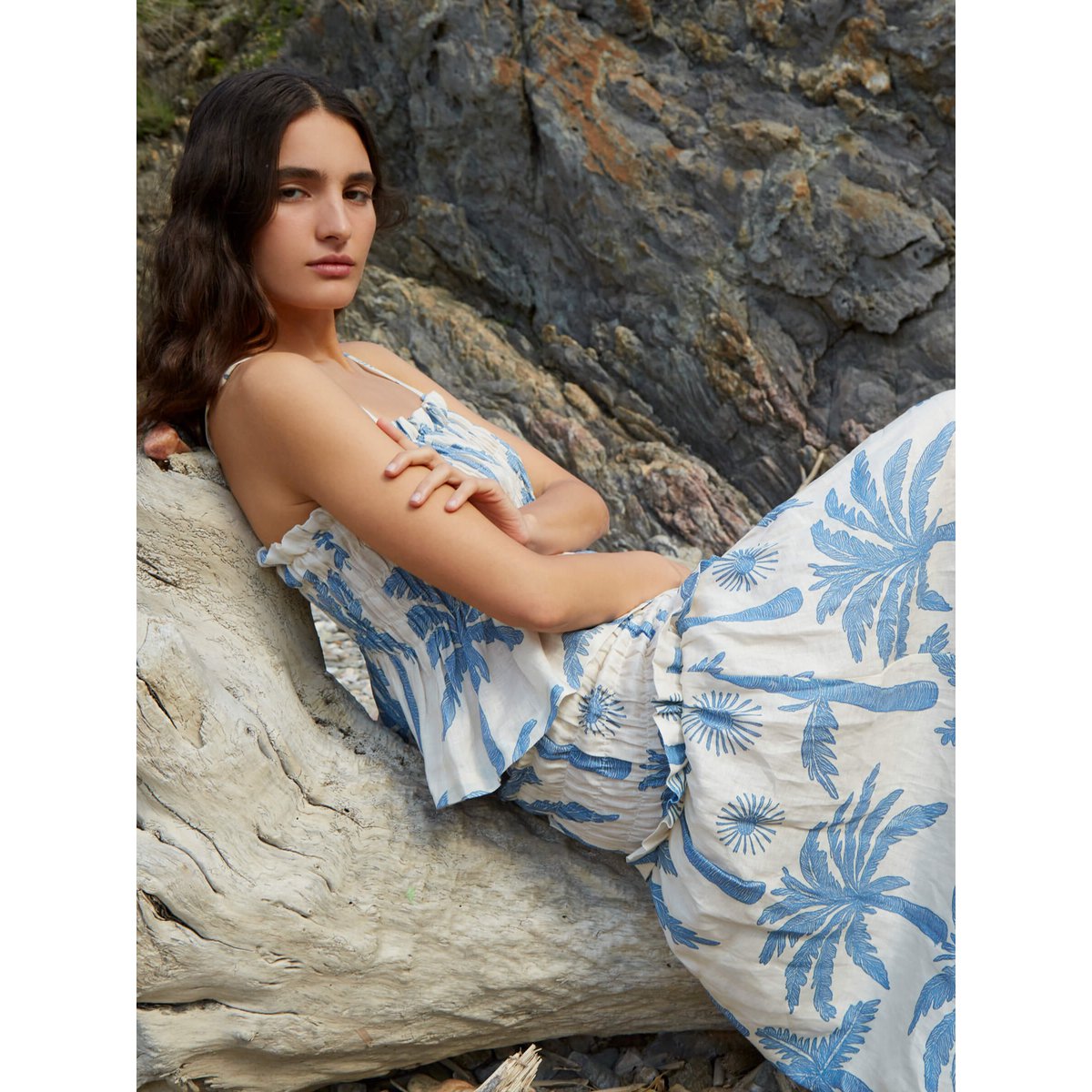 Gonna midi in lino smock con stampa palme di Elios