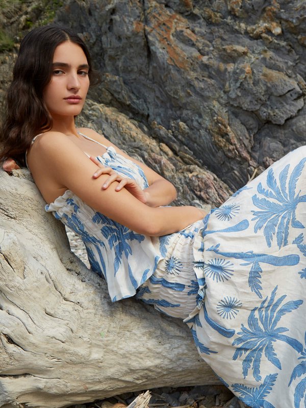Gonna midi in lino smock con stampa palme di Elios