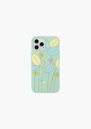 Biodegradable phone case for iPhone featuring a floral design with yellow and green leaves on a mint green background.