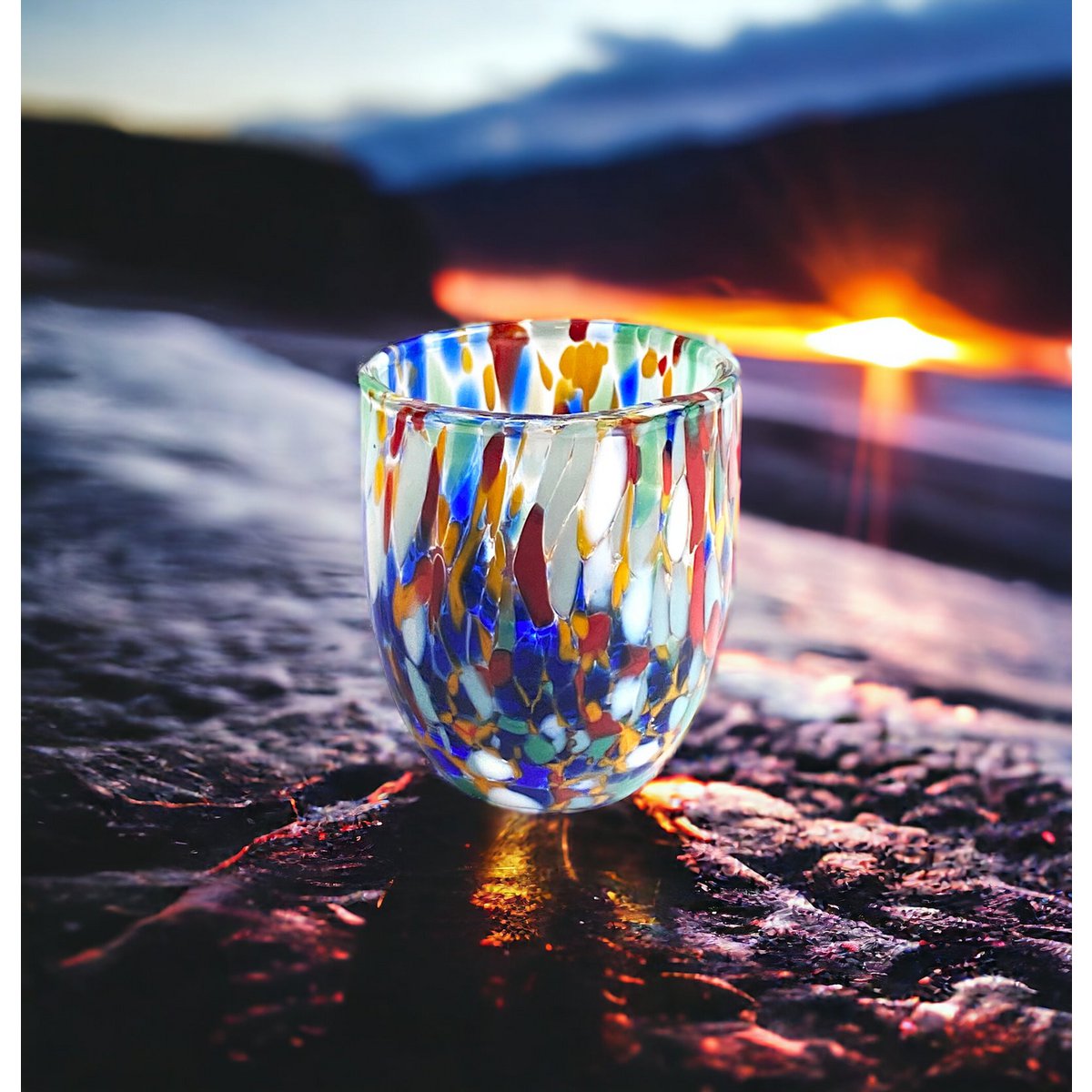 Skud glasglas i hånden blæste og håndlavet glas med Murrine di Murano, "I Colori di Murano" linje 50 ml. Lavet i Italien