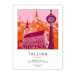 Vibrant poster featuring the iconic architecture of Tallinn, Estonia. Showcases the city's historic buildings and landmarks in a bold, colorful style.