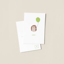  A whimsical greeting card featuring a cute hedgehog character holding a green balloon. The card is simple and minimalist in design, with the hedgehog and balloon as the main focal point.