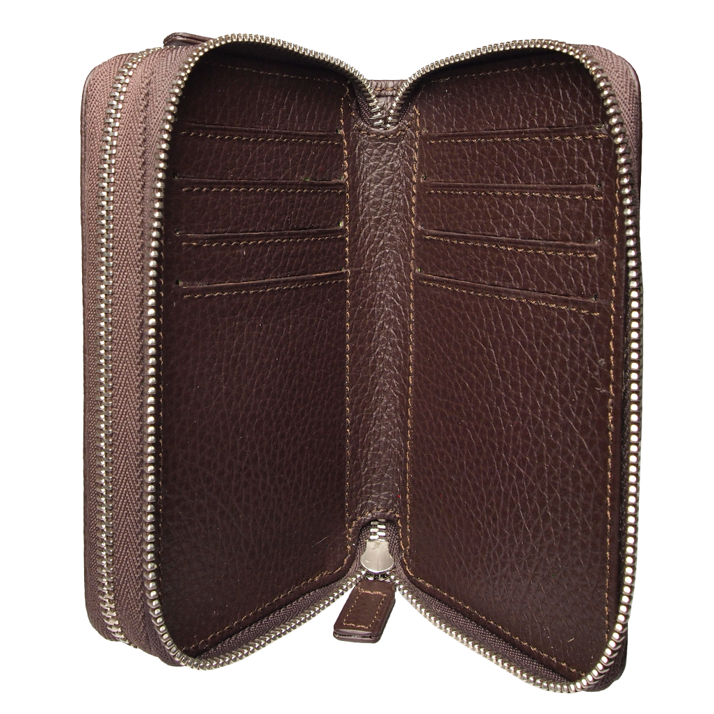 8 Credit Card Dual-Zip kiezelstenen lederen portemonnee bruin