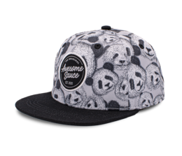 Gray and black snapback cap with panda print pattern, adjustable size.
