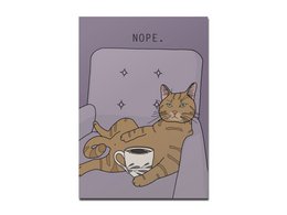 A postcard featuring a cat with a mug, surrounded by stars and the word "Nope" written on it. The postcard is in a birthday card category.