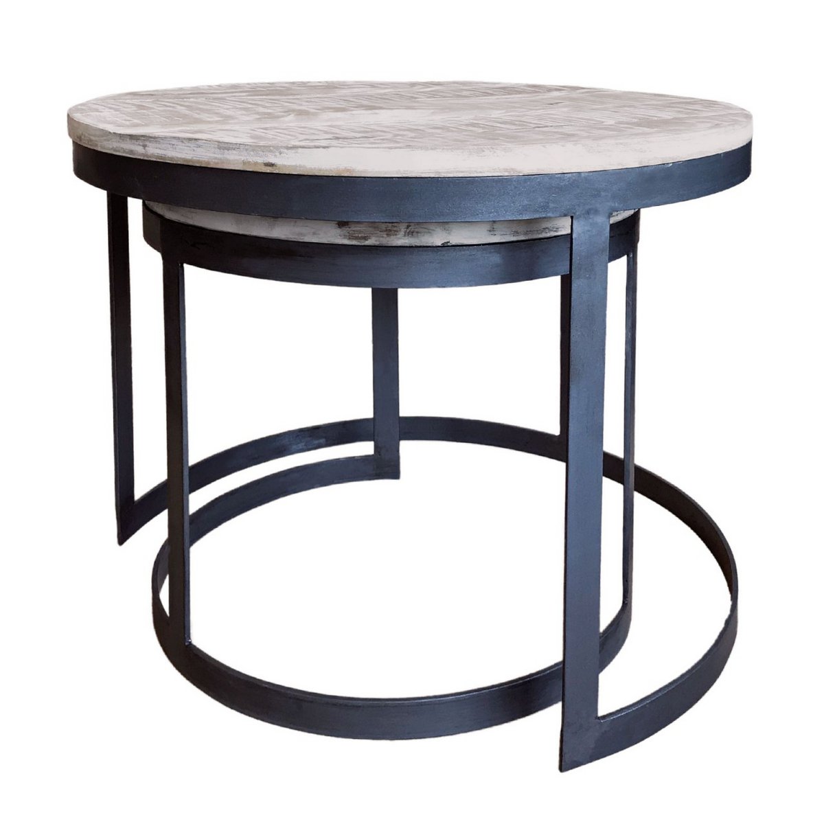 Mesa de centro, juego de 2, mesa auxiliar, mesa de salón, estructura redonda de metal Austin, plata antigua o negro