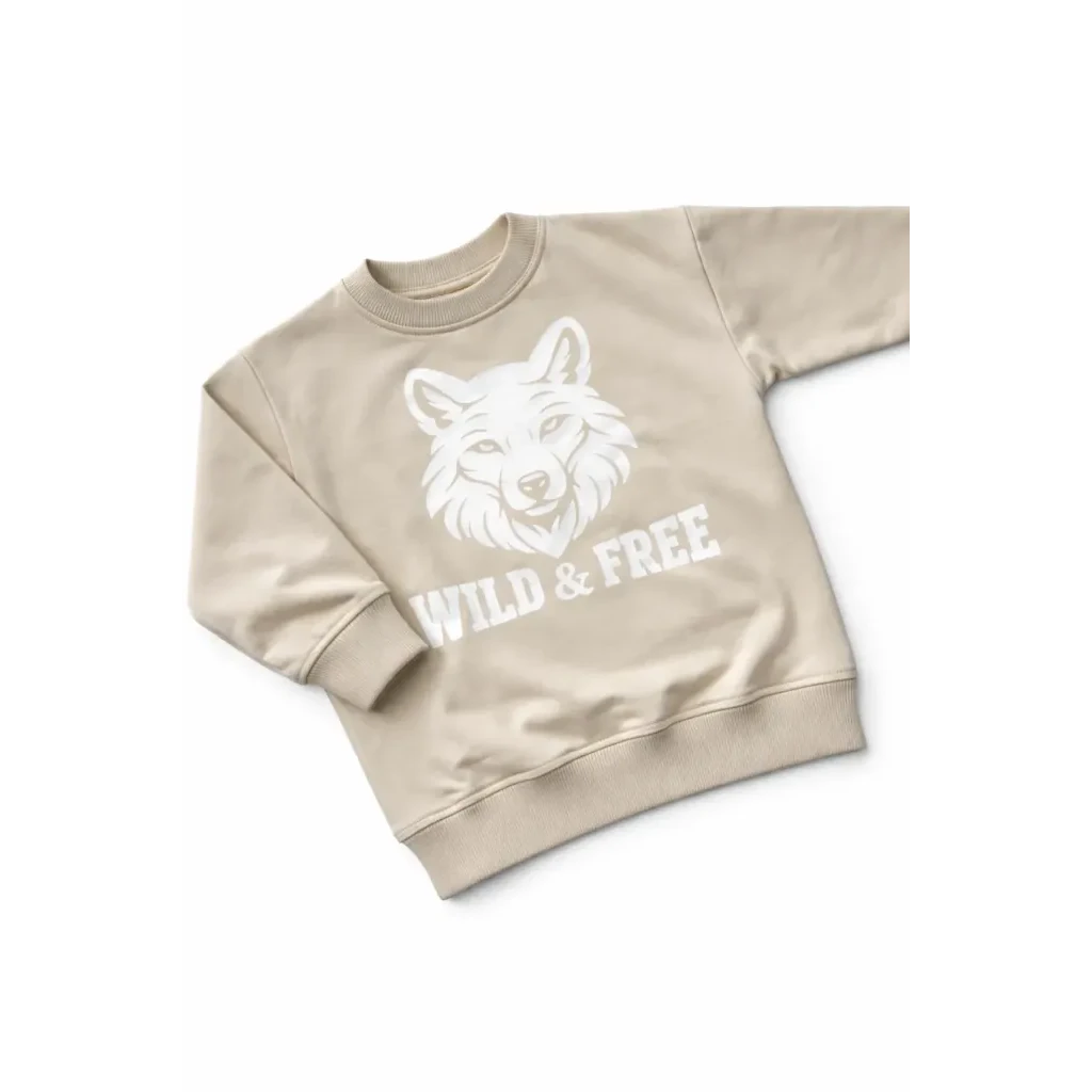 Beige Kids' Sweater with Wolf Print – Wild & Free