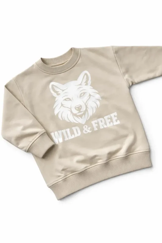 Maglione beige per bambini con stampa di lupi – Wild & Free