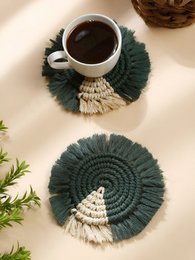 Round braided weave coasters, dark green and cream woven design, set of two, textured fabric coasters.