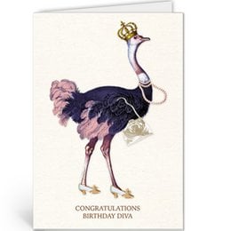 A birthday card featuring a stylized illustration of an ostrich wearing a crown and holding a scepter, with the text "Congratulations Birthday Diva".