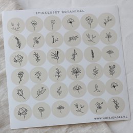 Soft pink botanical stickers featuring various plant illustrations.