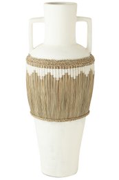 J-Line Vase+Poignées Motif Terre Cuite/Herbe Blanc/Naturel