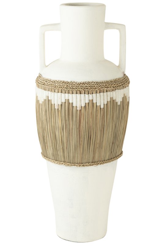 J-Line Vase+Poignées Motif Terre Cuite/Herbe Blanc/Naturel