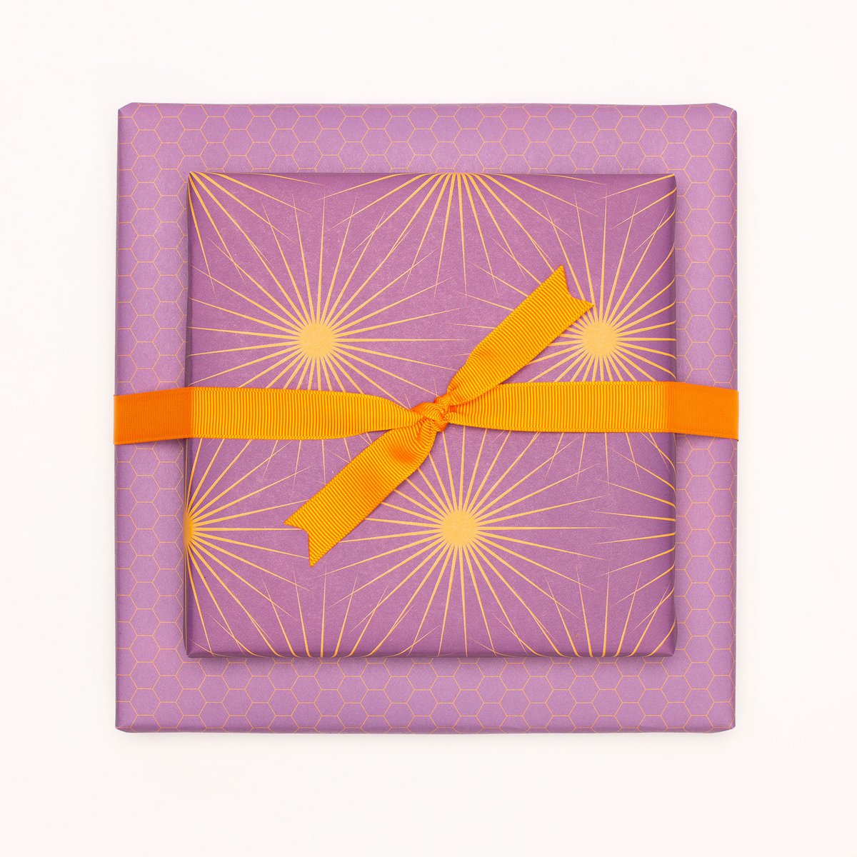 Lila Geschenkpapier mit Sonnensternen, retro Geschenkpapier orange und lila, ideal als Geburtstags- Geschenkpapier Frühling oder Weihnachtsgeschenkpapier