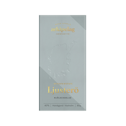 Rectangular dark chocolate bar with gold text and design elements.