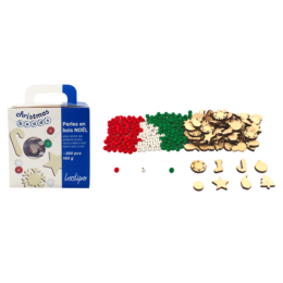 The image shows a variety of wooden Christmas-themed beads and decorations in different shapes, sizes, and colors. The product description mentions that the set includes round beads of 8mm diameter, fancy beads of 15-25mm diameter, and a total of 300 pieces in 4 different colors. This product is categorized as Arts and Crafts.