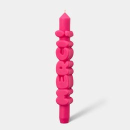 Red 3D taper candle, tall handmade dinner candle with textured bulbous design, festive HO HO HO text