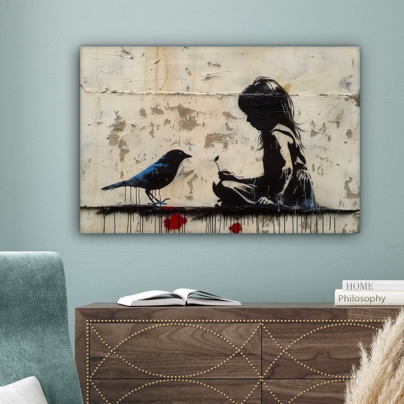 Canvas schilderij - Wanddecoratie Meisje - Street art - Vogel - Abstract - Graffiti - Modern - Muurdecoratie woonkamer - Kamer decoratie modern - Abstracte schilderijen