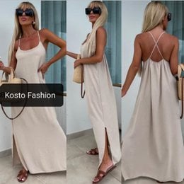 Long flowy dress in plain fabric or print, available in a variety of colors including white, beige, black, light blue, royal blue, navy blue, orange, yellow, old pink, light pink, candy pink, fuchsia, aqua green, khaki, light gray, lime green, bright green, "gucci" green, terracotta/brick, mustard, and leopard print.