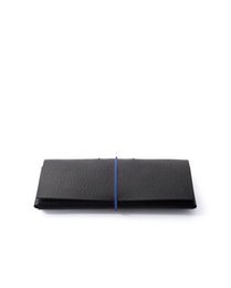 Rectangular black pencil case with a blue zipper closure. Made of a durable material, likely leather or a leather-like material. Suitable for storing and transporting pens, pencils, and other small office supplies.