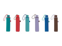 Compact, folding umbrella with UV50+ protection in a variety of colors including teal, red, mint, lavender, navy, and brown.