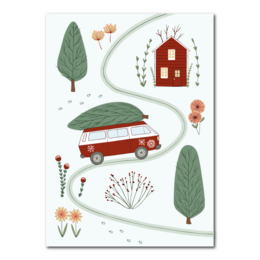 A Christmas card featuring a camper van, a red barn, and various nature elements like trees, flowers, and a winding path.