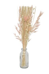 Dried flowers in a glass bottle, featuring a bouquet of natural, earthy-toned dried flowers and grasses.