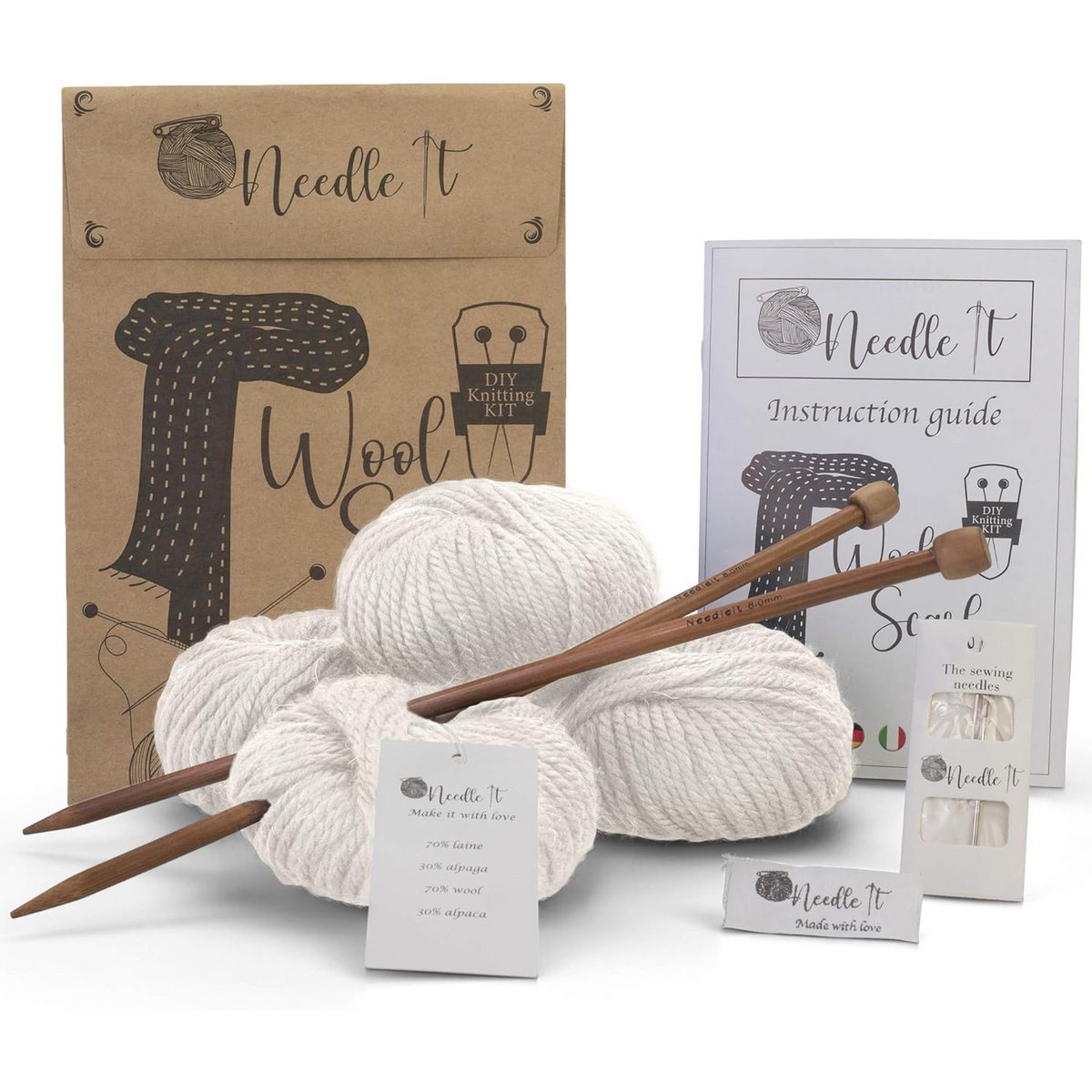 NEEDLE IT® Kit per lavorare a maglia per adulti principianti completo di ferri da maglia – Sciarpa di lana lavorata a maglia fai da te – Idea regalo (Ecru)