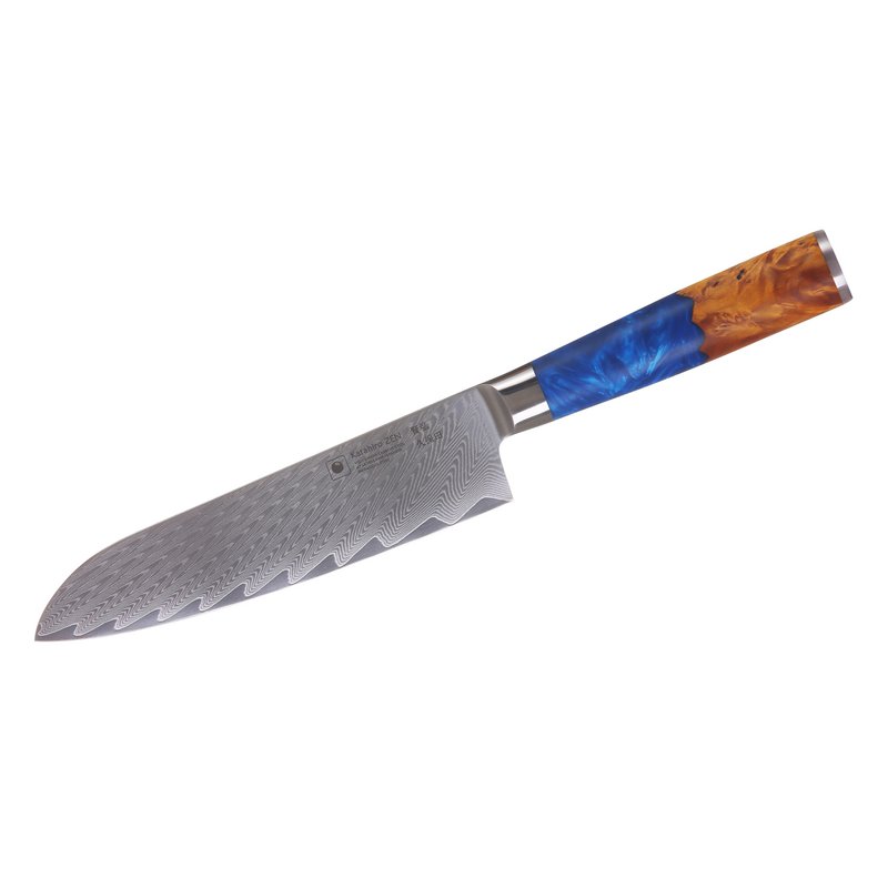 Couteau Katahiro Zen 7" Damascus Santoku, acier Damas japonais VG-10, bois de loupe d'érable blanc et manche en résine acrylique bleue
