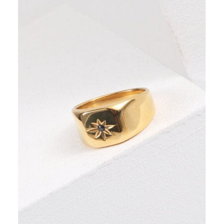 Doneen - Anello con sigillo a stella in cristallo nero