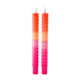 Set of 2 LED swirl candles in pink and orange colors, with a spiral design and a flame-like LED light.