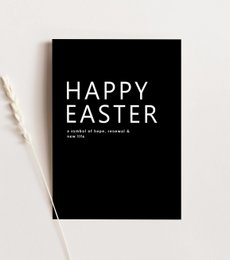 Minimalist black and white Easter card, A6 size, simple 'Happy Easter' text design.