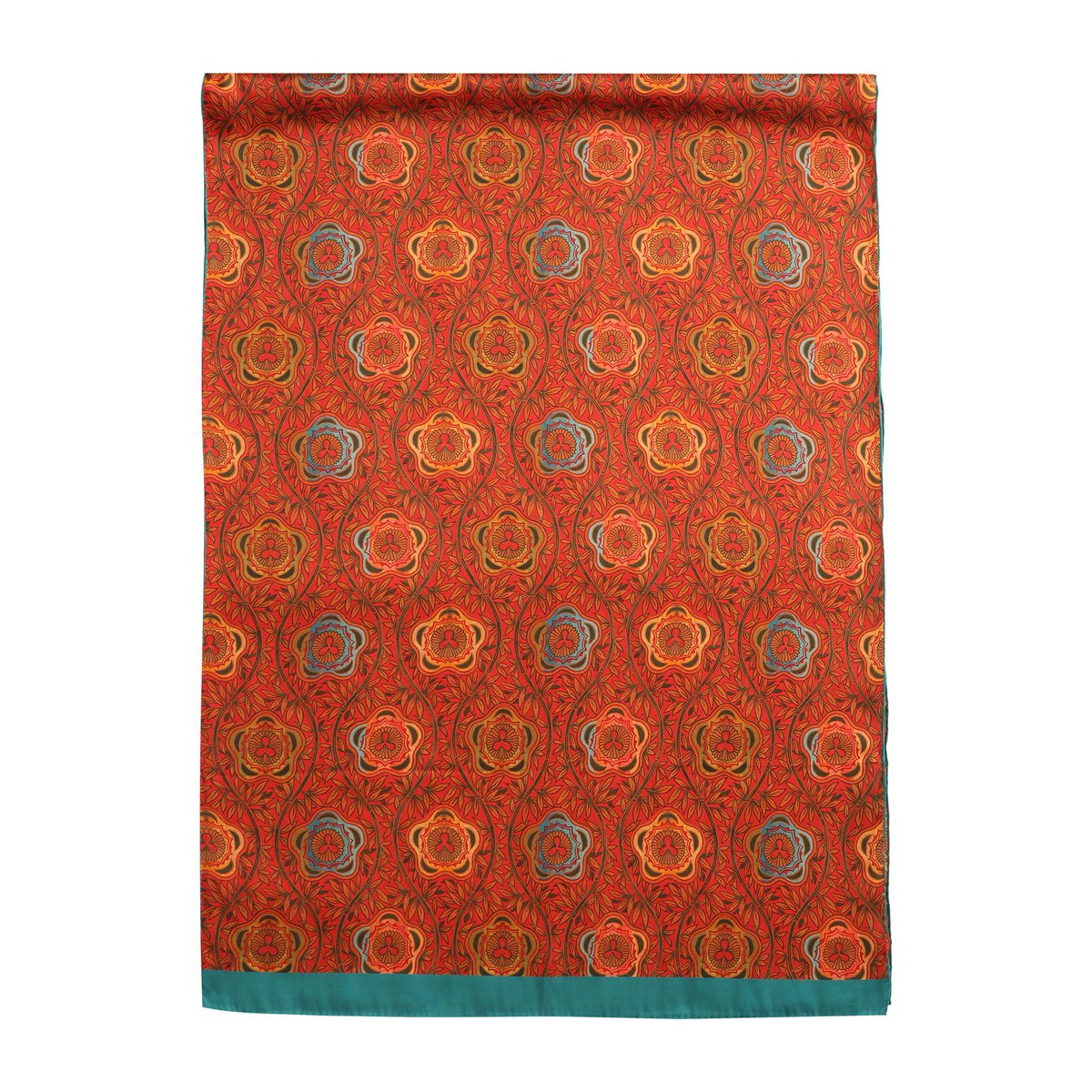 Bufanda roja y azul con caléndula con estampado floral