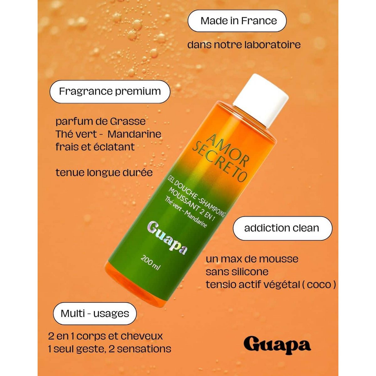 Shower gel - 2 i 1 skummende shampoo - GUAPA - Mandarin grøn te