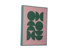 "Abstract geometric wall art with green circles and organic shapes on pink background, modern framed print"