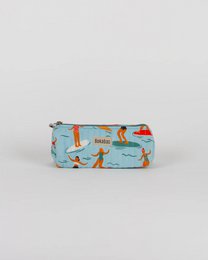  "Blue quilted pencil case with colorful surf and beach pattern, cylindrical shape, kids storage pouch"