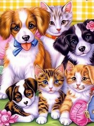 Colorful diamond painting kit featuring puppies and kittens with pink flowers and yellow checkered background.