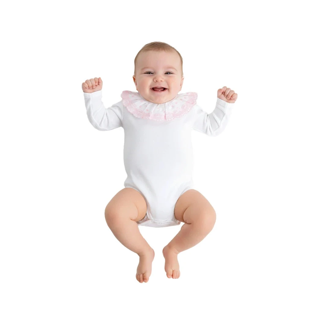 Babybroderet bodysuit med flæsekrave, korte ærmer