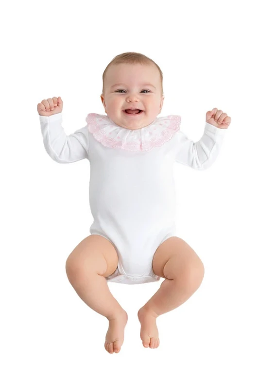Babybroderet bodysuit med flæsekrave, korte ærmer