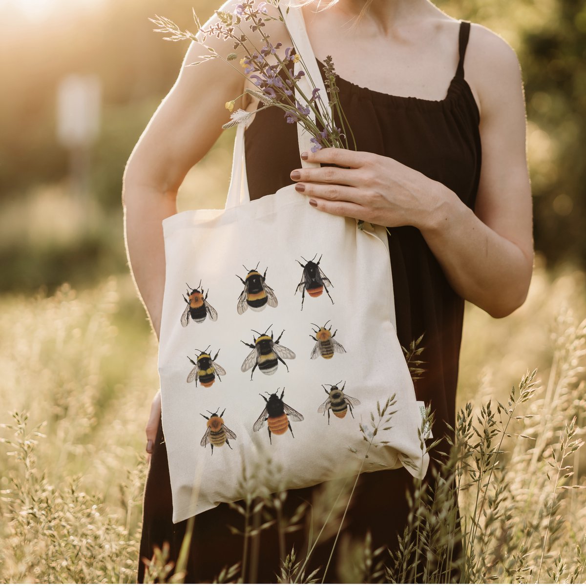 Bio Baumwolltasche Hummeln, Stofftasche bedruckt, Jutebeutel für Naturliebhaber