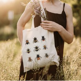 Bio Baumwolltasche Hummeln, Stofftasche bedruckt, Jutebeutel für Naturliebhaber