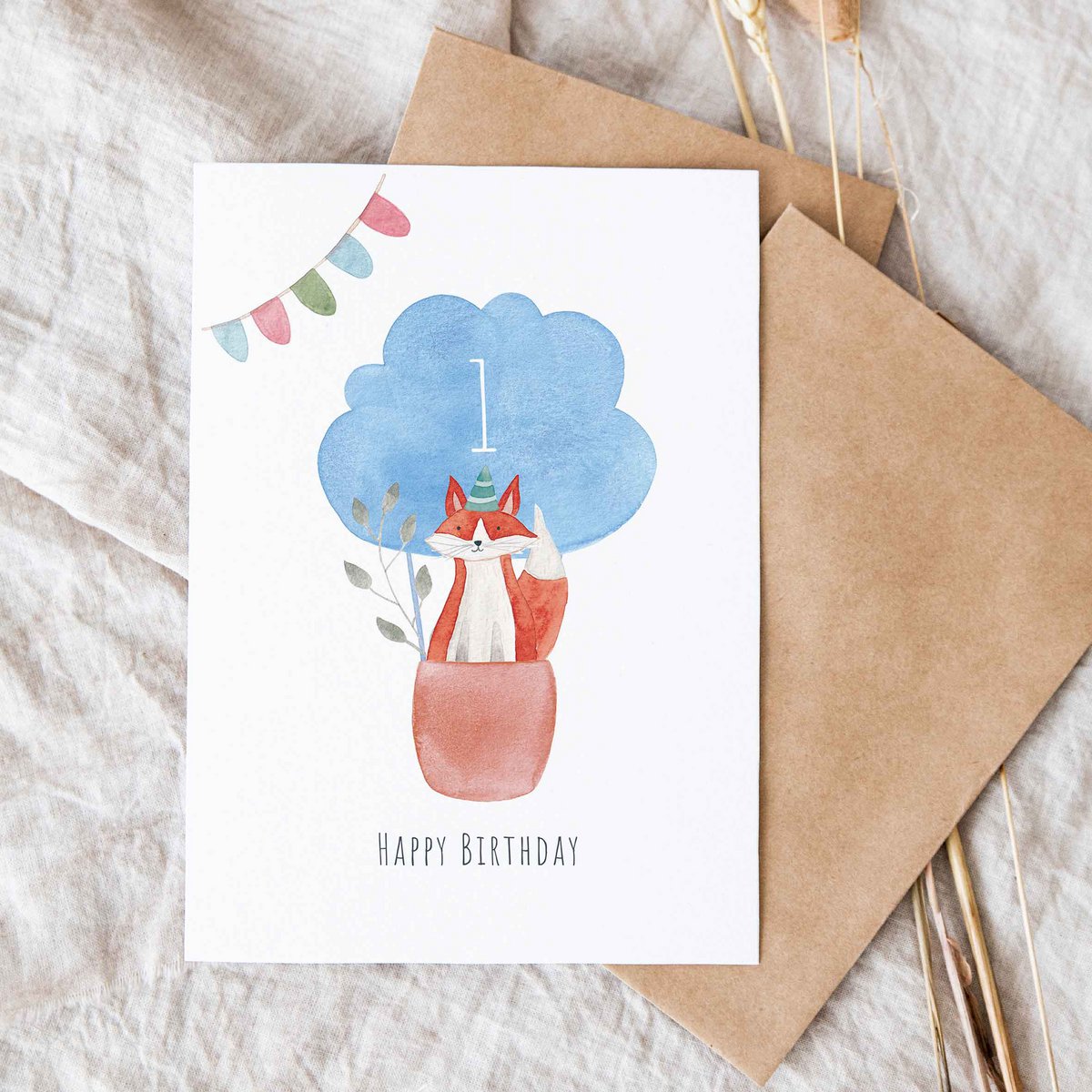 Carte pliante "Fox d'anniversaire pour enfants dans le ballon"