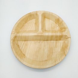 Round 3-compartment platter, set of 6. Wooden serving tray with divided sections for appetizers, dips, or snacks.