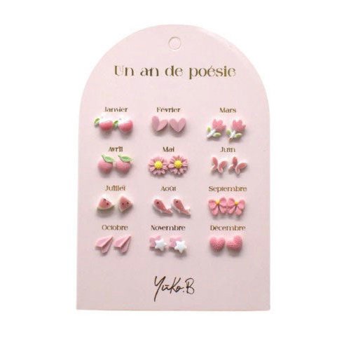 Coffret 12 Boucles d'Oreilles Céramique — Un An de Poésie rose