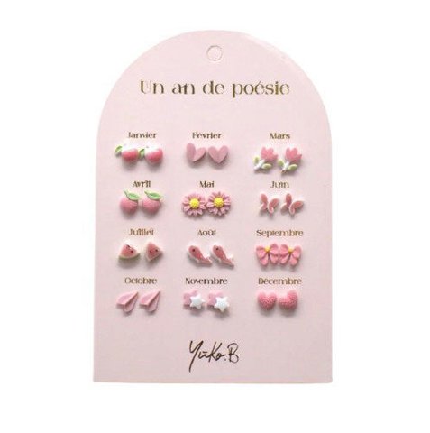 Box of 12 Ceramic Earrings — A Year of Pink Poetry